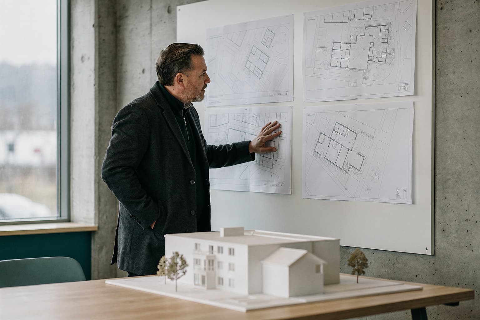 Utbygger som studerer arkitekttegninger på en vegg i et lyst kontor
