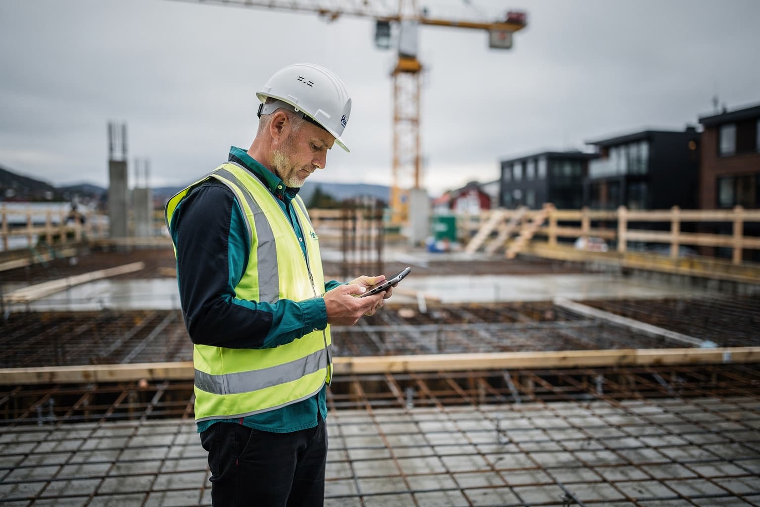 Anleggsleder i vernevest og hjelm med nettbrett på et betongdekke under oppføring